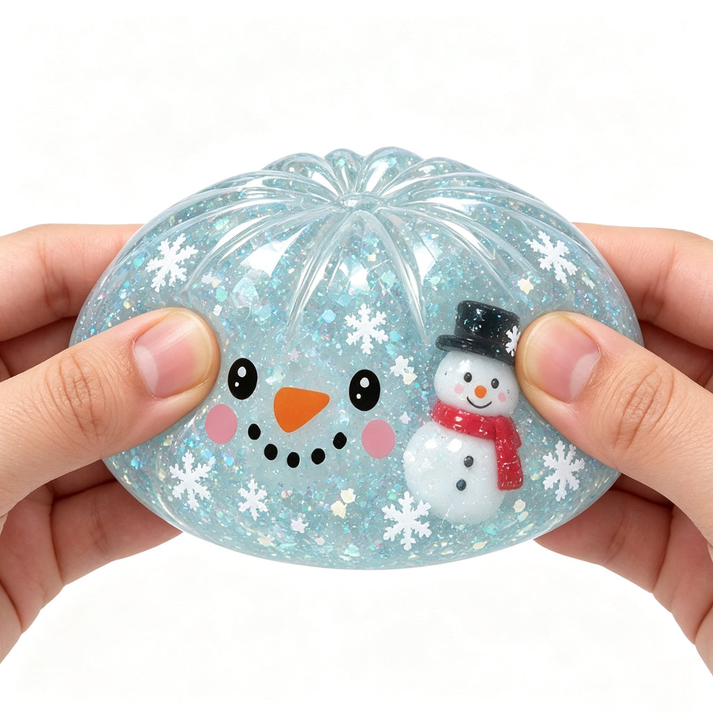 RMS Mystery Dumpling Snowman Edition Squishy Toy, Glitter Stress Relief Fidget Toy with Blue Steamer Box
